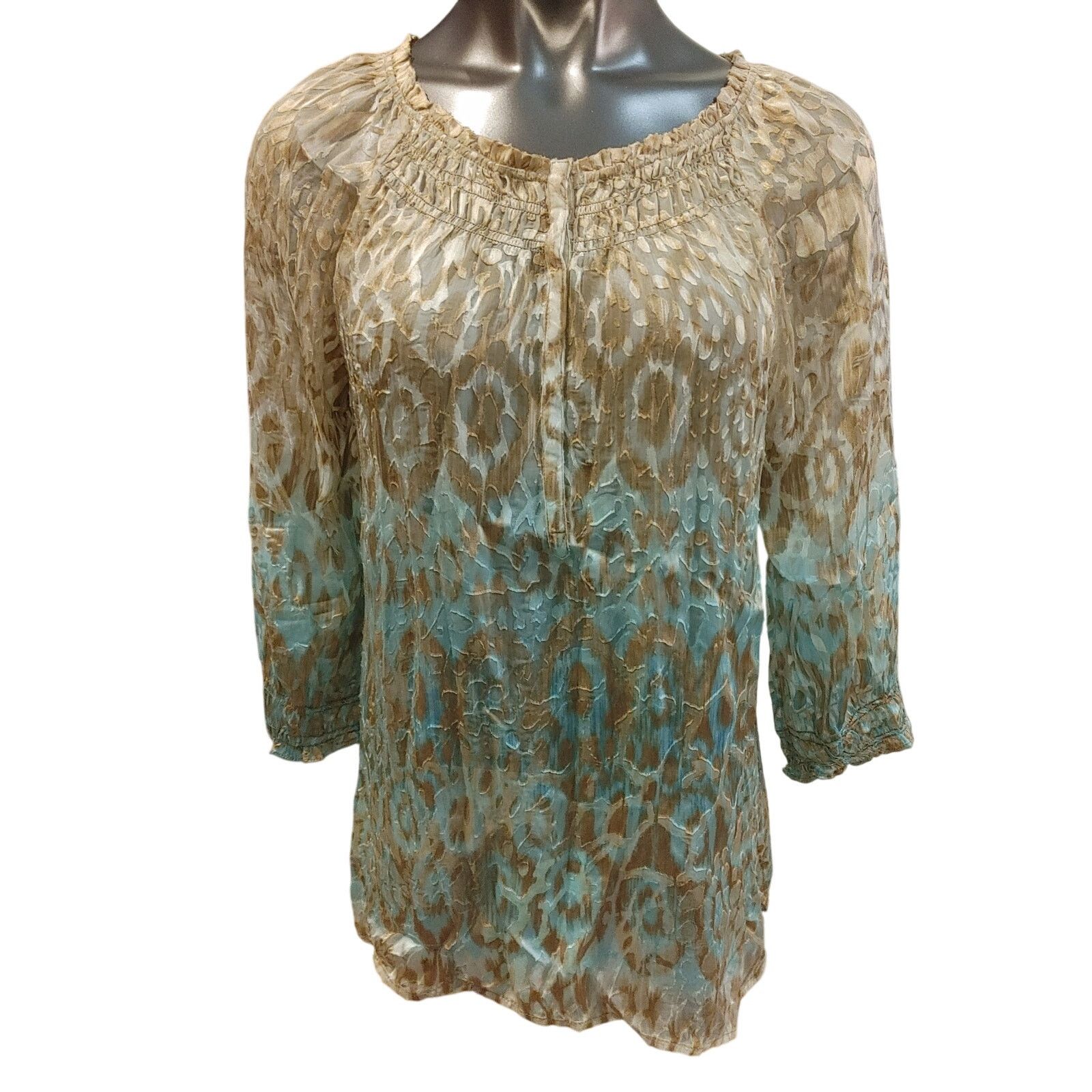 Chicos Chico's Women 1 Tan/Blue Boho Pattern LongSleeve Blouse Top Size XL / US 12-14 / IT 48-50 - 1 Thumbnail