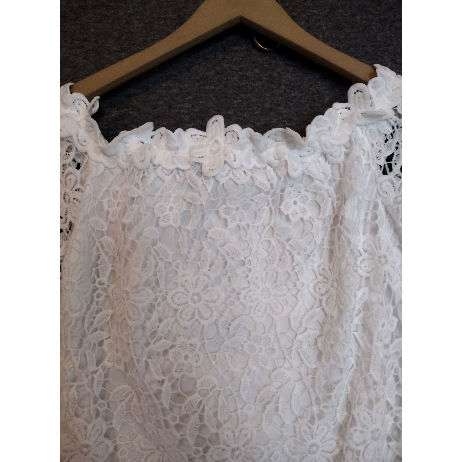 Vintage Auxo White Off Shoulder Floral Lace Short Dress 3/4 Sleeve M Womens Dress Floral Pattern Summer Spring Size 32" / US 10 / IT 46 - 3 Thumbnail