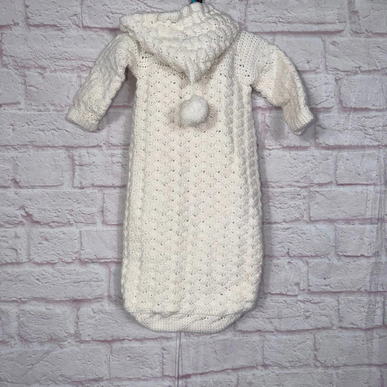 Other Handmade Crochet Baby Bunting with Hood and Pom Poms 0-6 Mos Size ONE SIZE - 8 Thumbnail