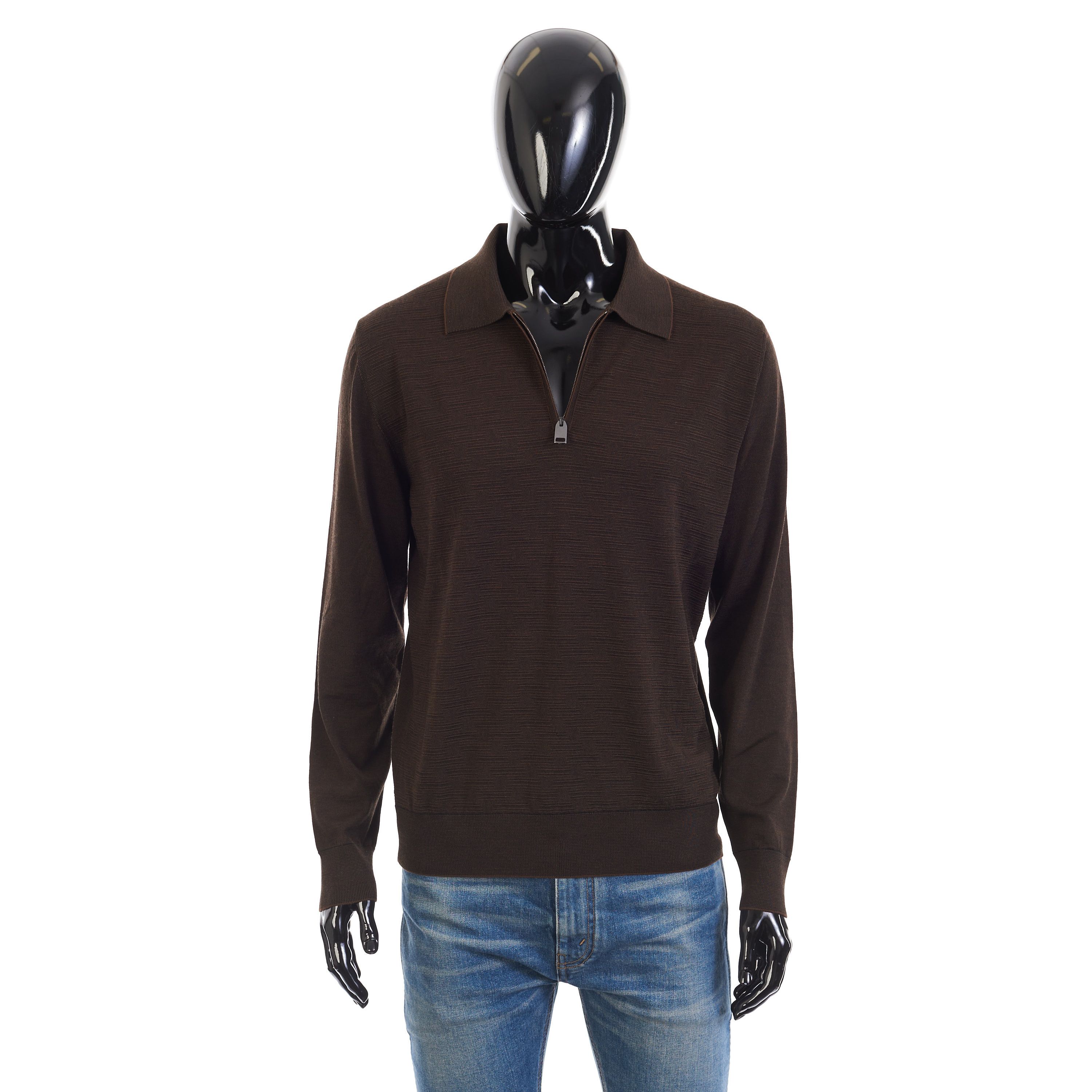 Brioni Polo Sweater With Metal Zip In Brown Wool Size US XXL / EU 58 / 5 - 1 Thumbnail