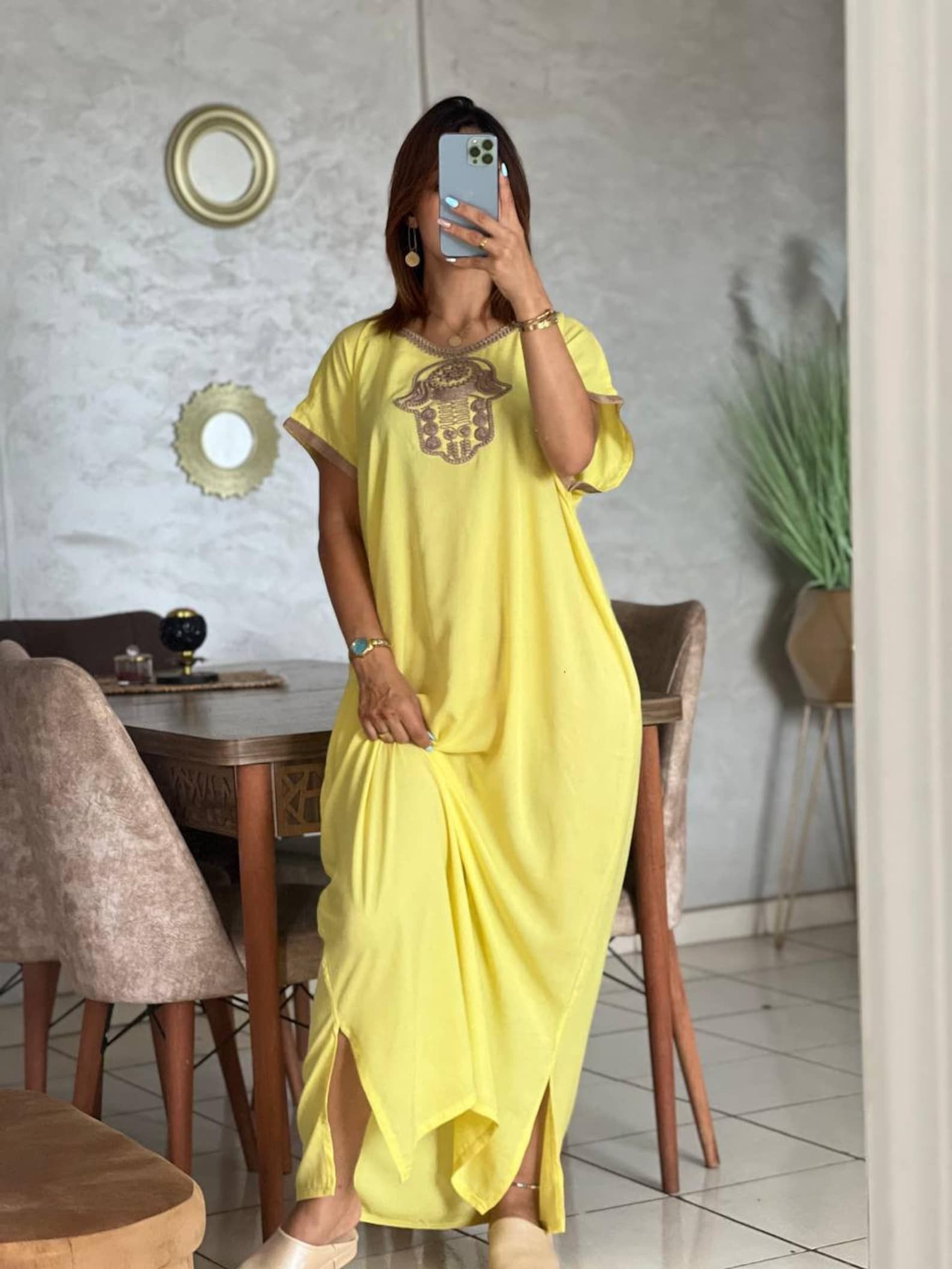 Designer × Handmade Yellow Moroccan Kaftan Djellaba 2025 Size ONE SIZE - 3 Thumbnail