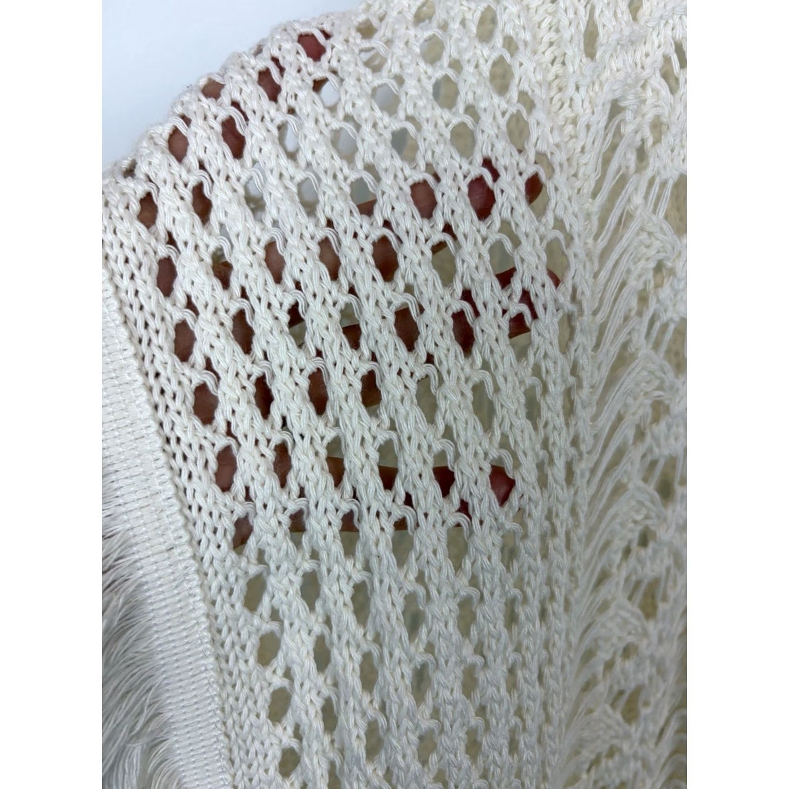 Vintage Ulla Popken Sweater Women 2X Ivory Tunic Plus Open Knit Fringe Boho Poncho Cottage Core Size XXL / US 16-18 / IT 52-54 - 5 Thumbnail