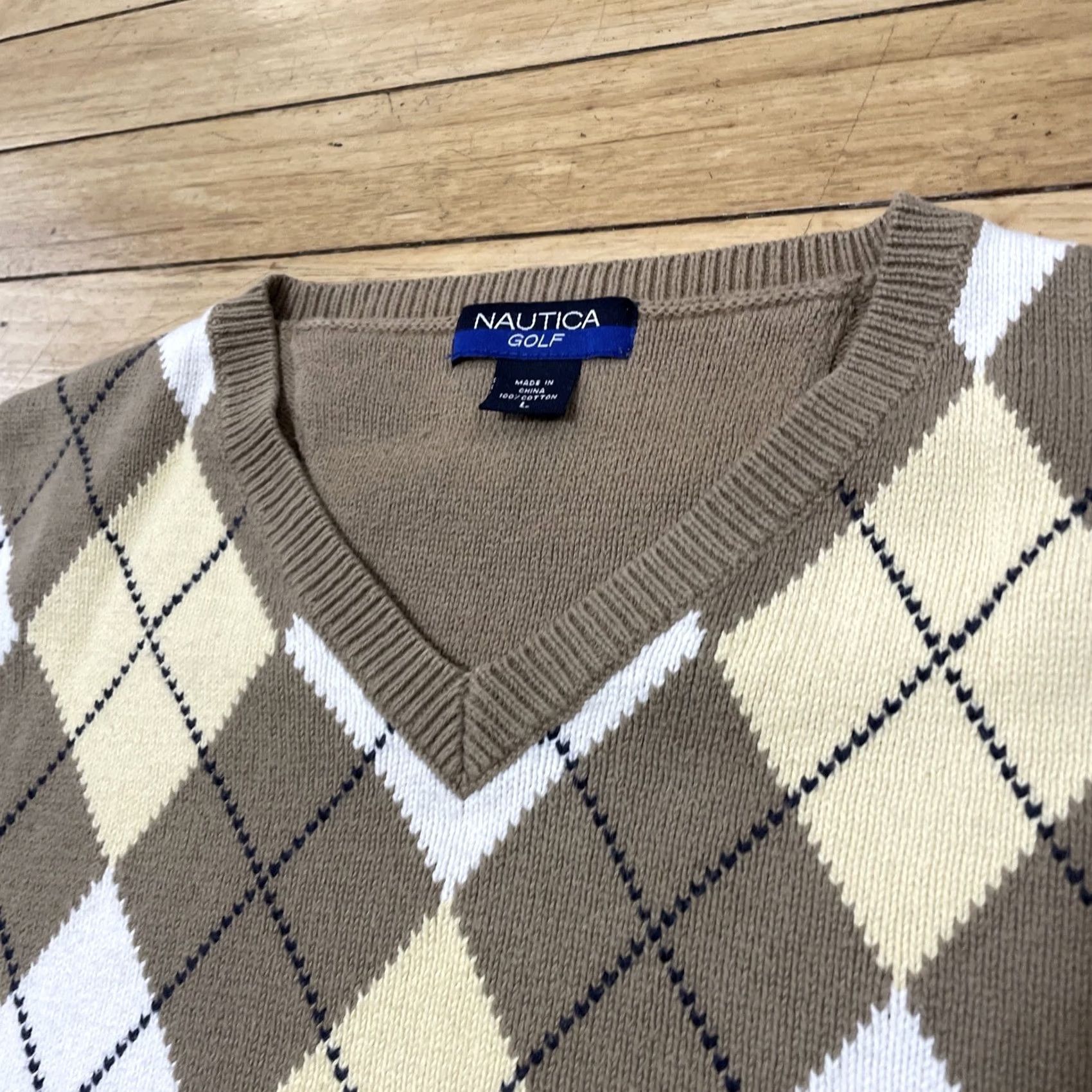 Nautica VINTAGE Nautica Men L Golf Sweater Vest Tan Brown White Argyle Diamond 90s Size US L / EU 52-54 / 3 - 5 Thumbnail