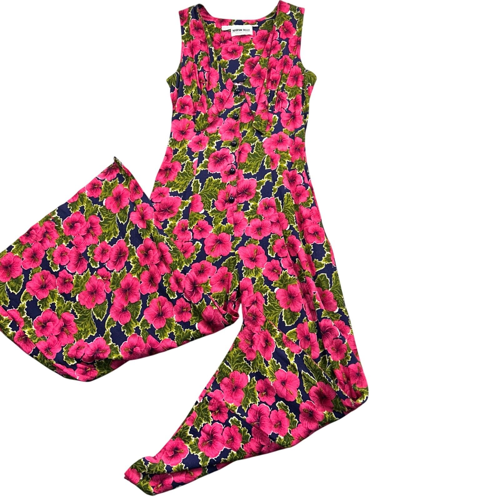 Vintage 80s 90s Vintage Floral Wide Leg Jumpsuit Pink Blue Small Size 28" / US 6 / IT 42 - 2 Thumbnail