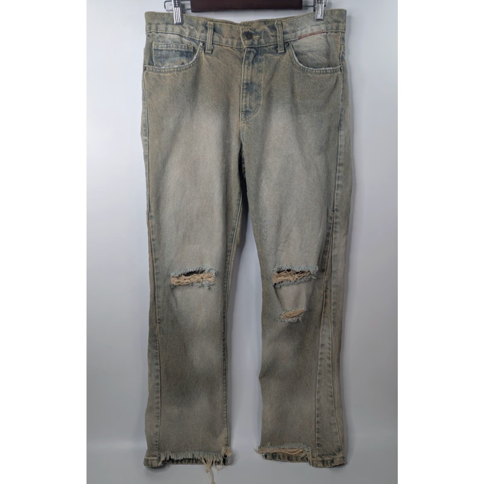 Denime Moojimooji Jeans Mens Aged Sand Distressed Denim Frayed Hem Made USA Streetwear Size US 31 - 2 Thumbnail