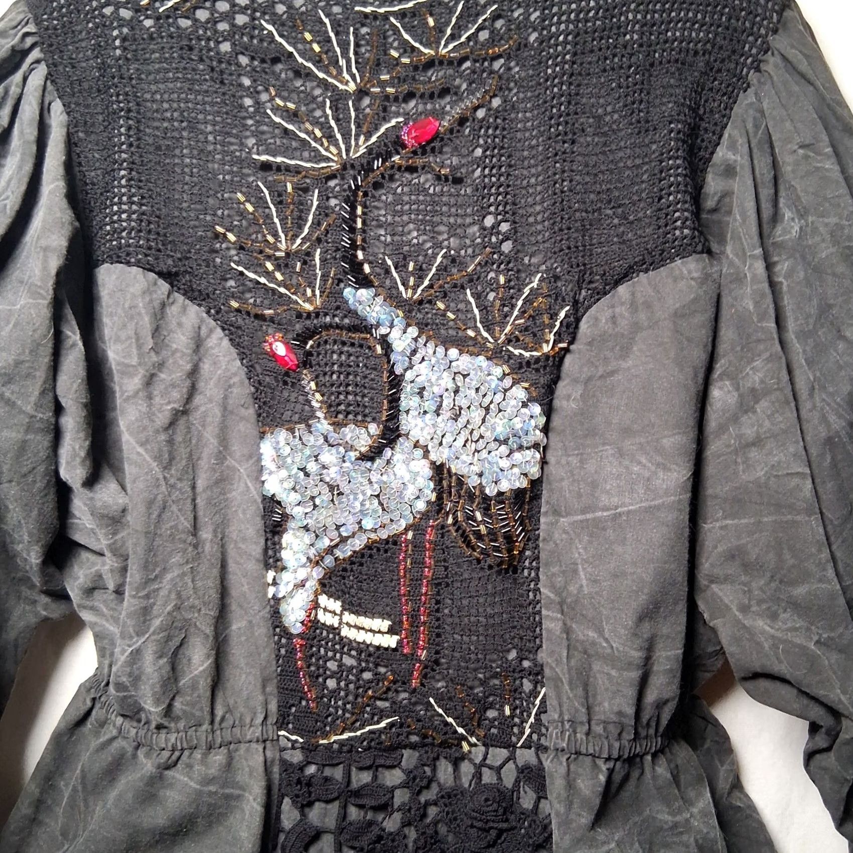 Vintage VINTAGE LIM'S Jacket Womens Short Faded Gray Crochet Beaded Crane Bird 90s Statement Piece 1980s 1990s USA Made Size L / US 10 / IT 46 - 7 Thumbnail