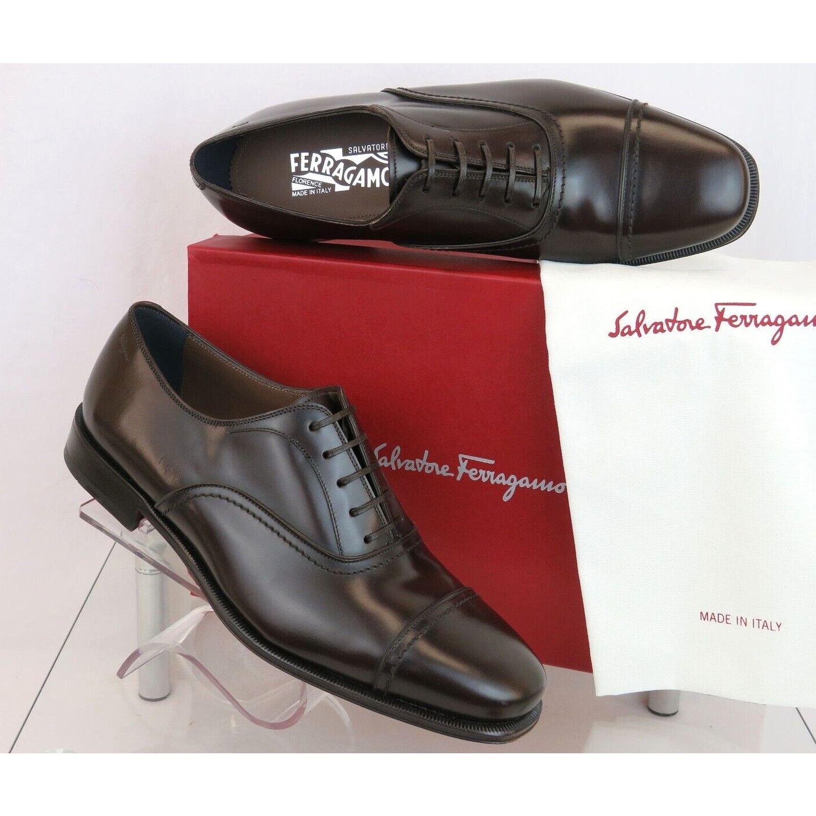 Salvatore Ferragamo FERRAGAMO SEUL DARK BROWN LEATHER CAP LOGO OXFORDS 10.5 EE Size US 11.5 / EU 44-45 - 5 Thumbnail
