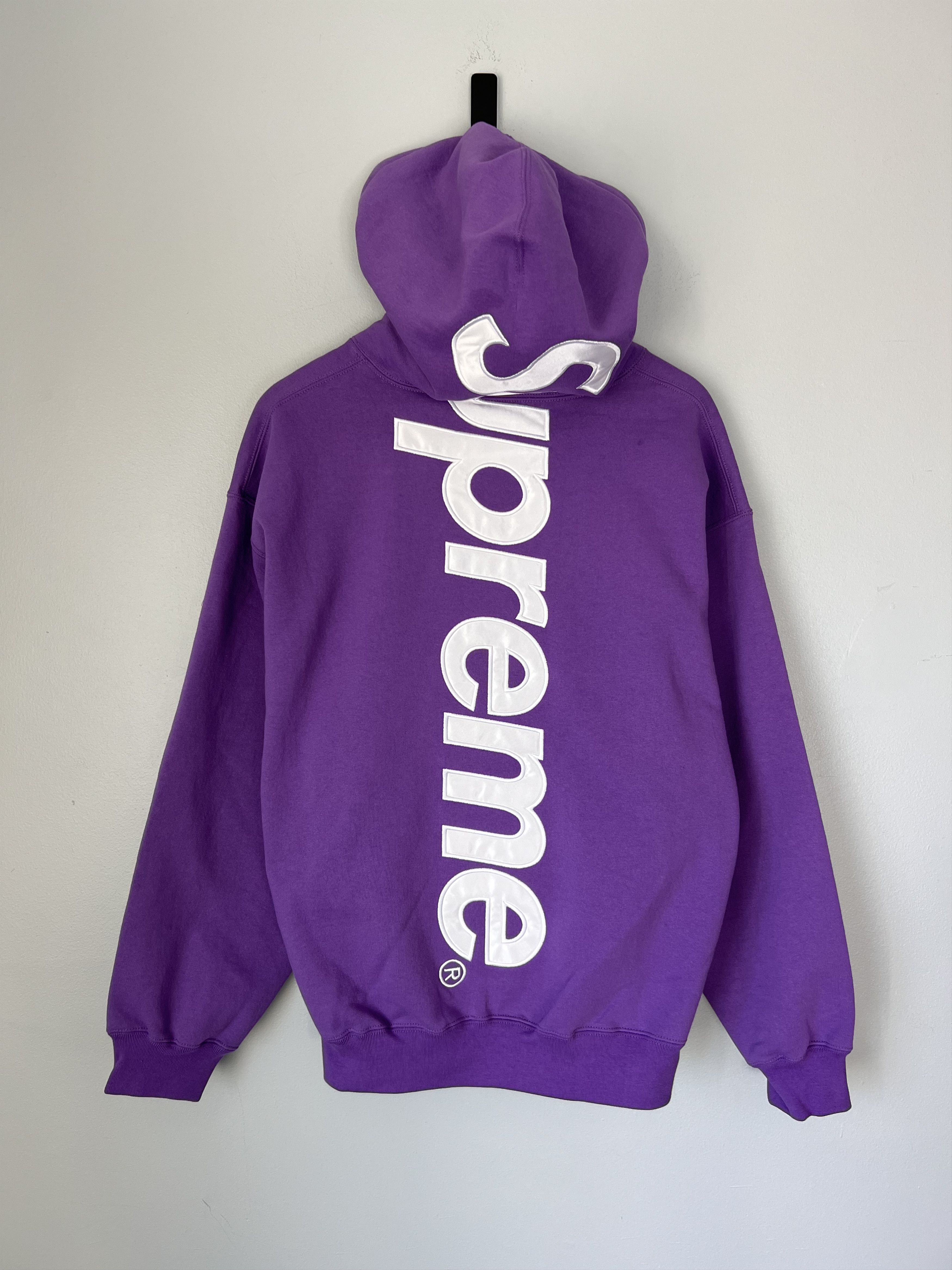 Supreme Satin Applique Hoodie in Violet Purple