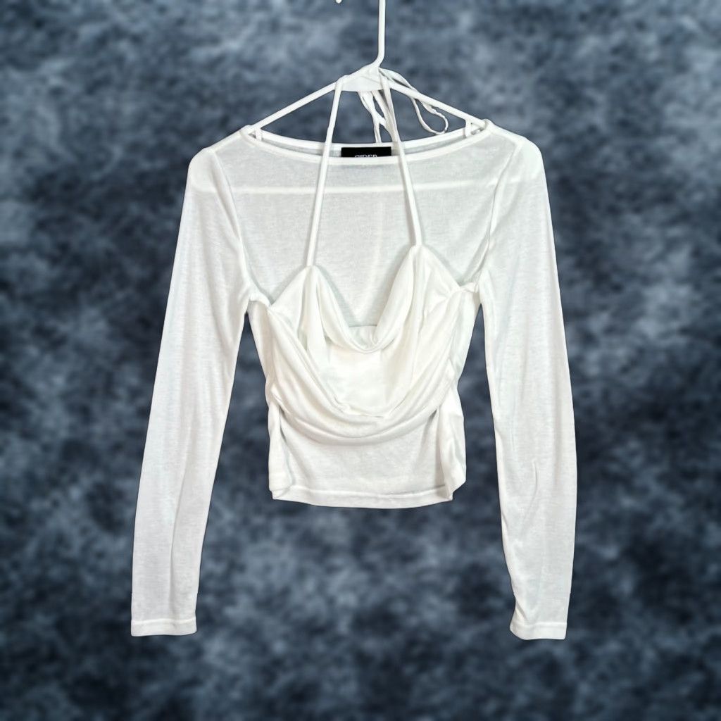 Cider Cider White Long-Sleeve Drape Front Top Small Polyester Blend Womens Shirt Size S / US 4 / IT 40 - 1 Thumbnail