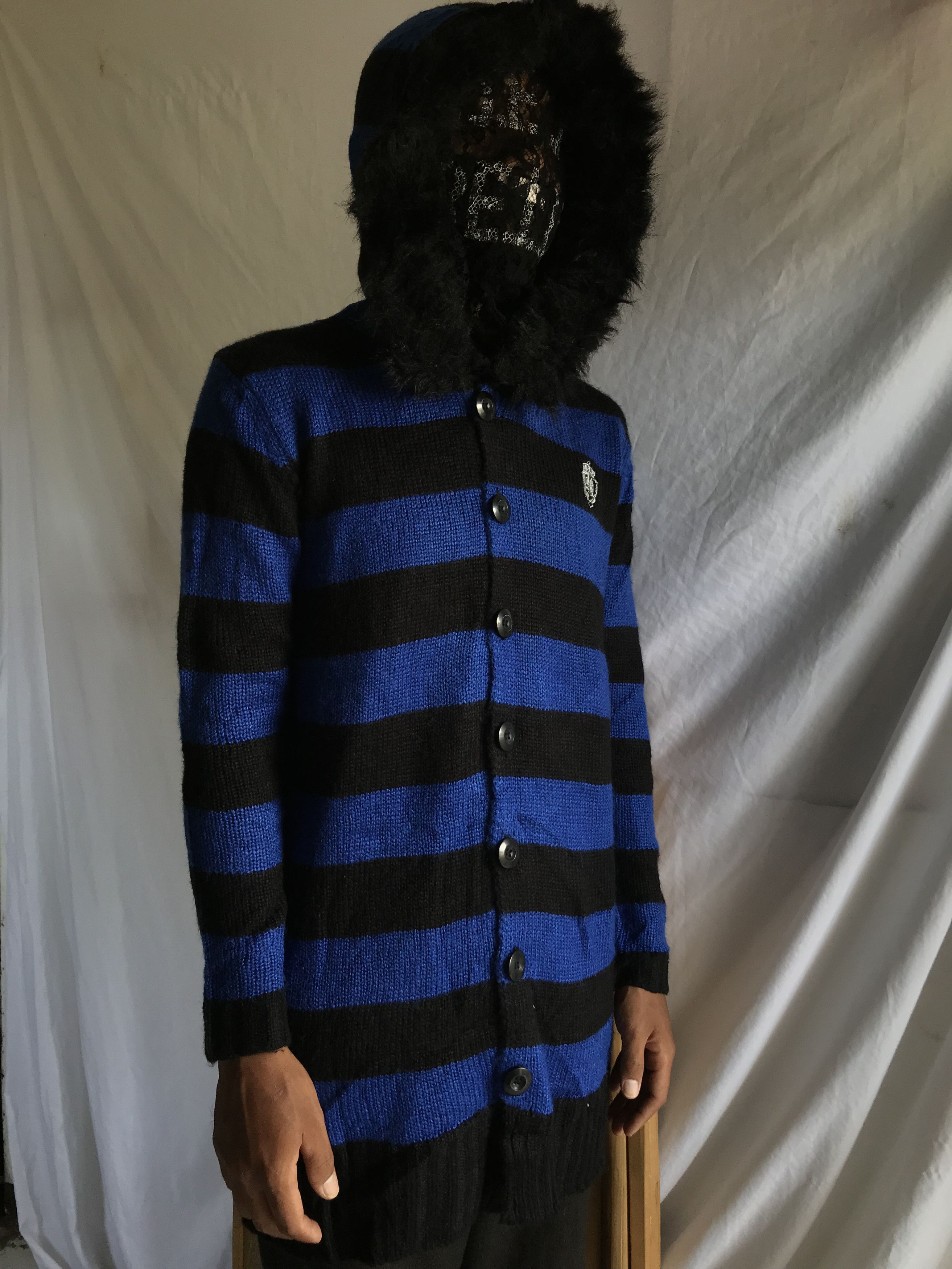 image of 20471120 x Le Grande Bleu L G B Algonquins Fur Stripped Knitted Button Hoodie in Black Blue (Size S
