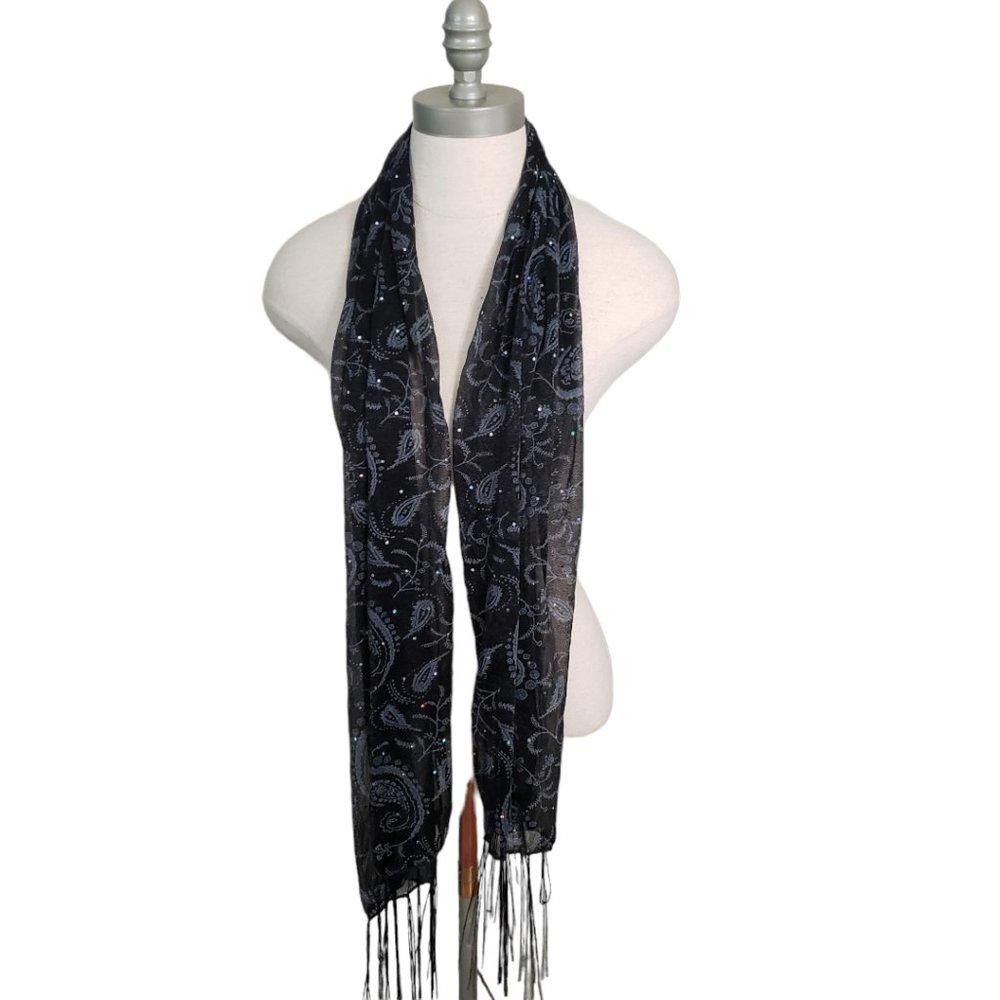 Designer CT867 Black Sequined Fringed Neck Scarf NWT Size ONE SIZE - 1 Thumbnail