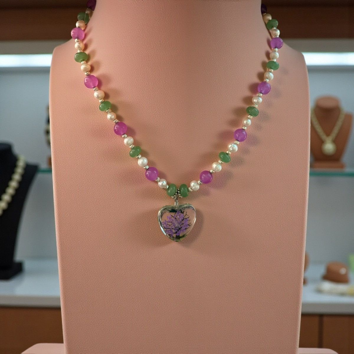 Other Pearl, Jade, Aventurine Handmade Beaded Necklace w Heart Size ONE SIZE - 6 Thumbnail