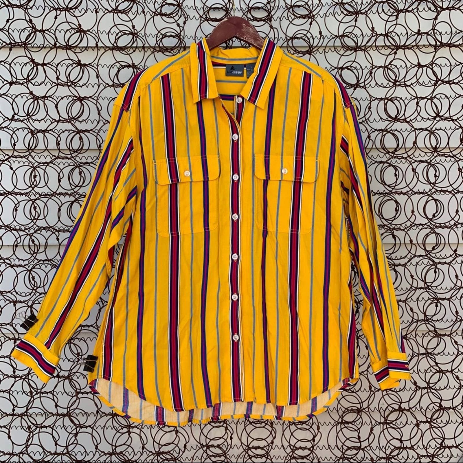 Vintage Vintage 90s bold yellow striped button down blouse LARGE | Grailed