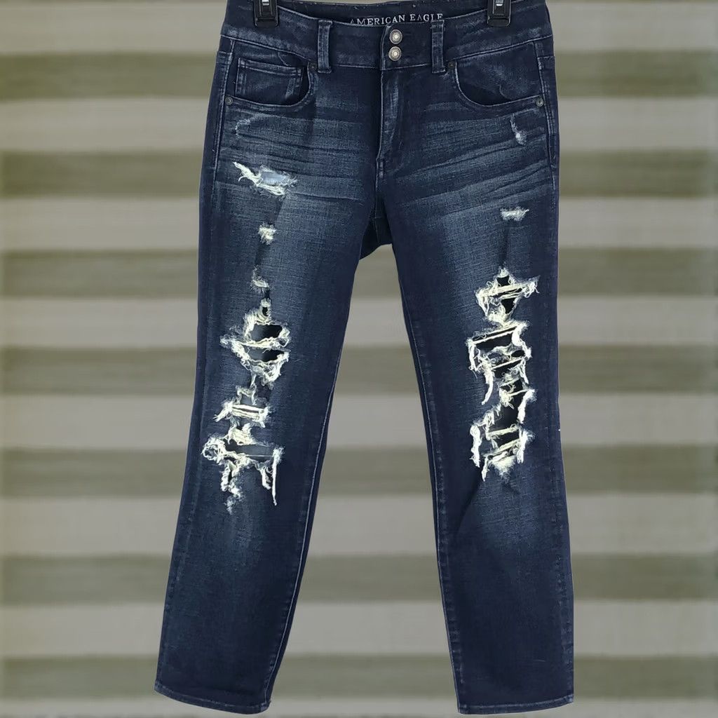 American Eagle Outfitters VINTAGE American Eagle Outfitters Jeans 8 Blue Distressed 90s Grunge Boyfriend Stretch Denim Regular Womens Size 30" / US 8 / IT 44 - 1 Thumbnail