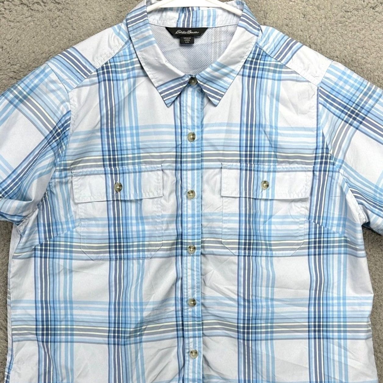 Eddie Bauer VINTAGE? No. Eddie Bauer Womens Hiking Shirt Blue Plaid Nylon Blend Flap Pocket Outdoor Button-Up Short Sleeve Large Size L / US 10 / IT 46 - 2 Thumbnail