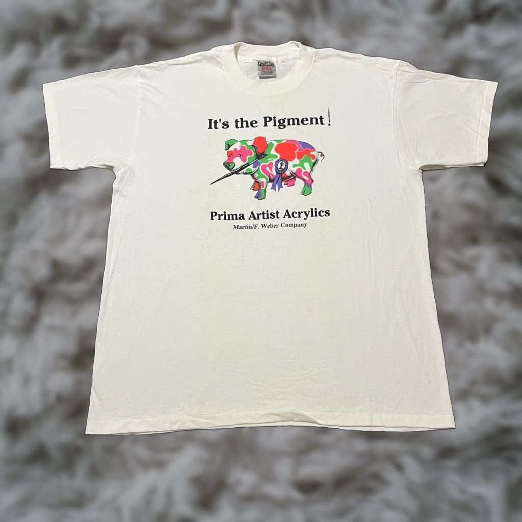 VINTAGE Oneita T-Shirt Pig 90s White XL Short Sleeve Crew Neck Hand-Painted Graphic Print Pig Logo Mens