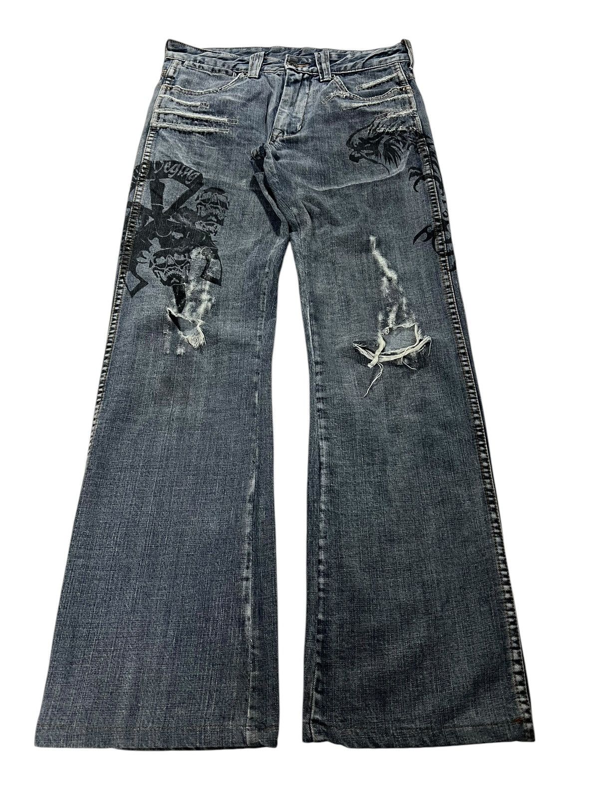 Pre-owned 14th Addiction X If Six Was Nine Flaresemantic Design Printed Distress Punk Jeans In Black