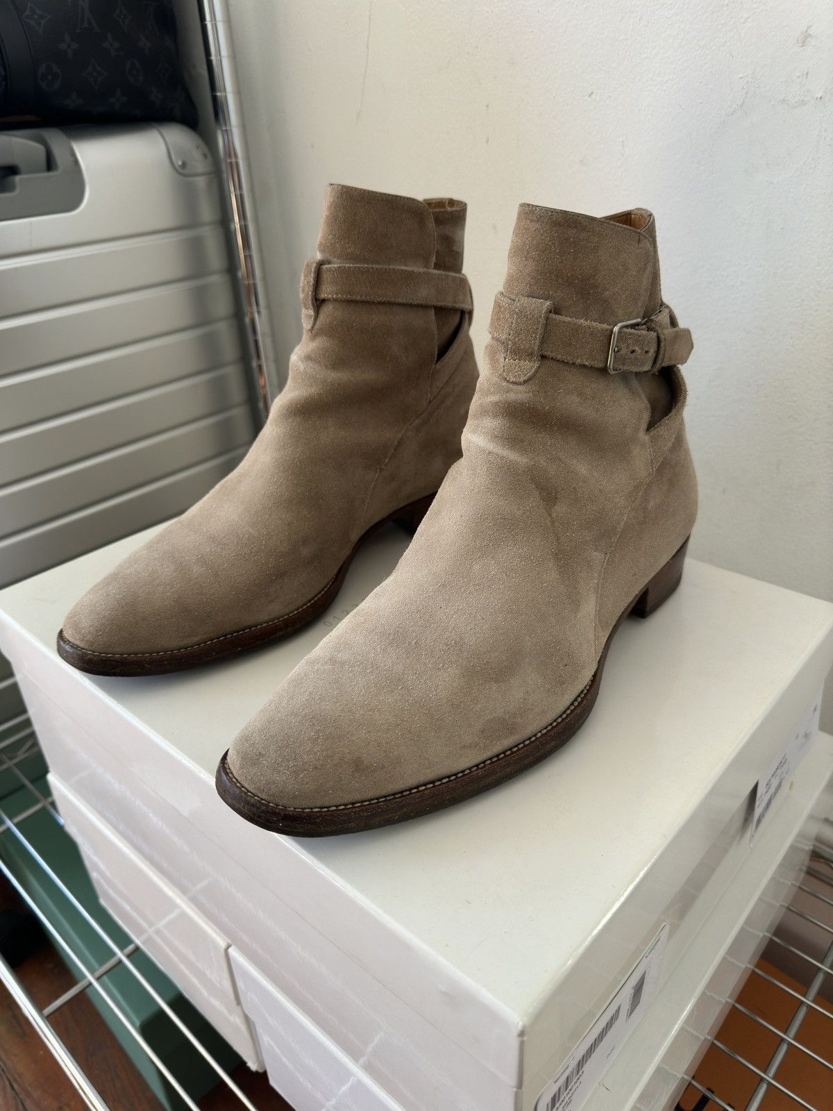 image of Hedi Slimane x Saint Laurent Paris Wyatt 30 Jodphur Boots In Tobacco Suede in Beige, Men's (Size 8)