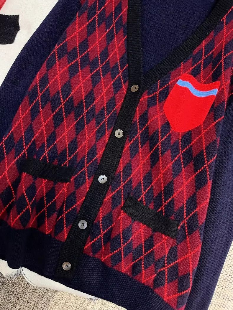 Prada Miu Miu Blue Red Argyle Knit Cardigan-2506 Size M / US 6-8 / IT 42-44 - 8 Thumbnail