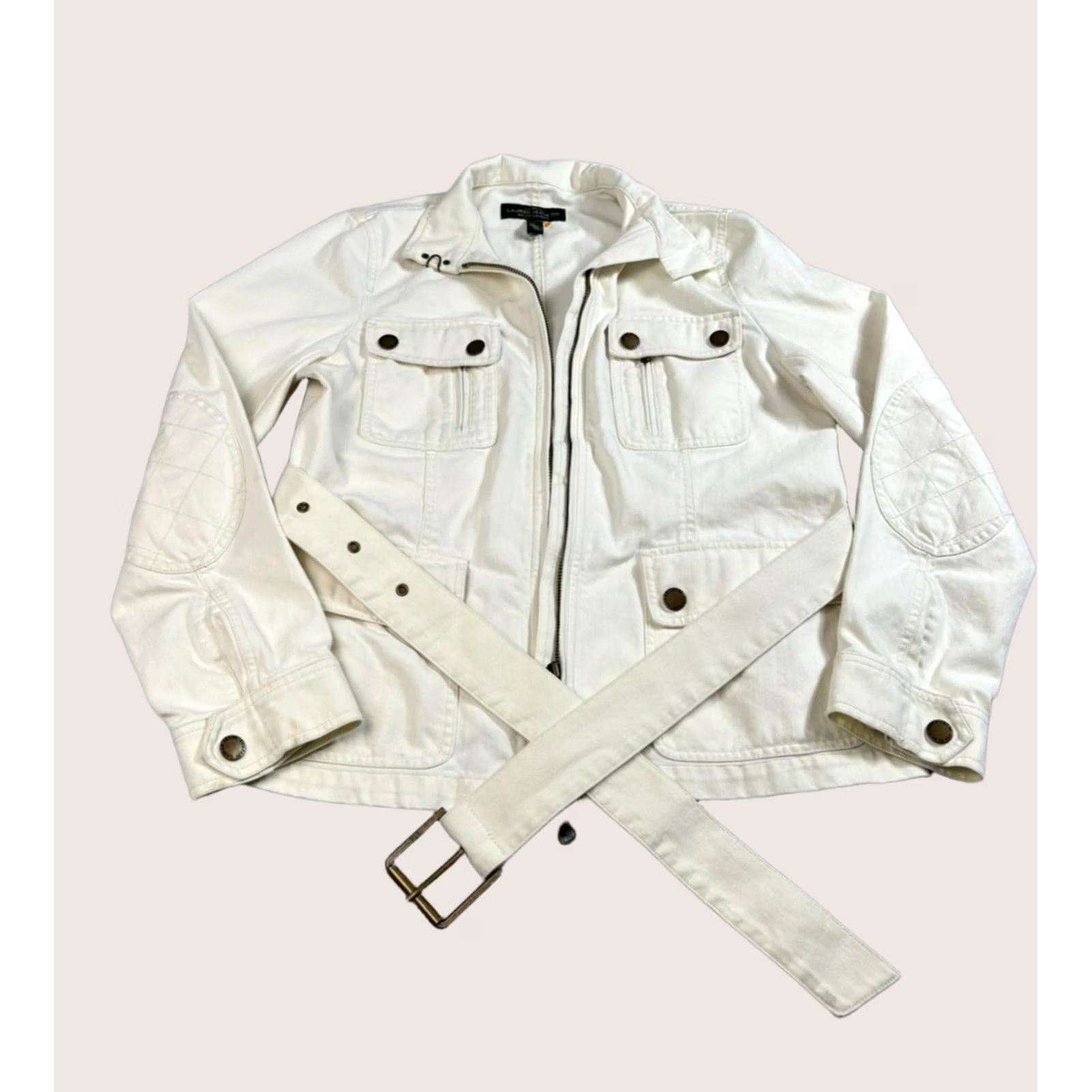 Ralph Lauren Lauren Ralph Lauren Jacket Womens Large White Belted Utility Boho 90s Denim Cotton Pockets Jacket Coat Size L / US 10 / IT 46 - 1 Thumbnail