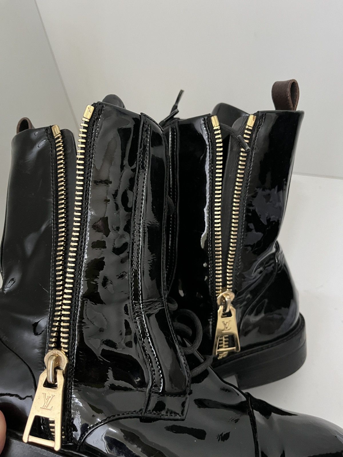 Louis Vuitton Louis Vuitton Patent Calfskin Monogram Macadam Combat Boots Size US 5.5 / IT 35.5 - 10 Thumbnail