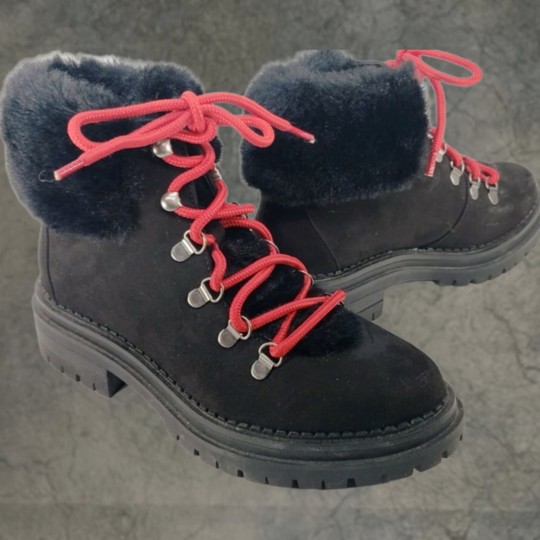 Sugar Sugar Boots Womens Black Rolls Women Winter Suede Lugged Soles Red Laced Hiker Size US 8 / IT 38 - 1 Thumbnail