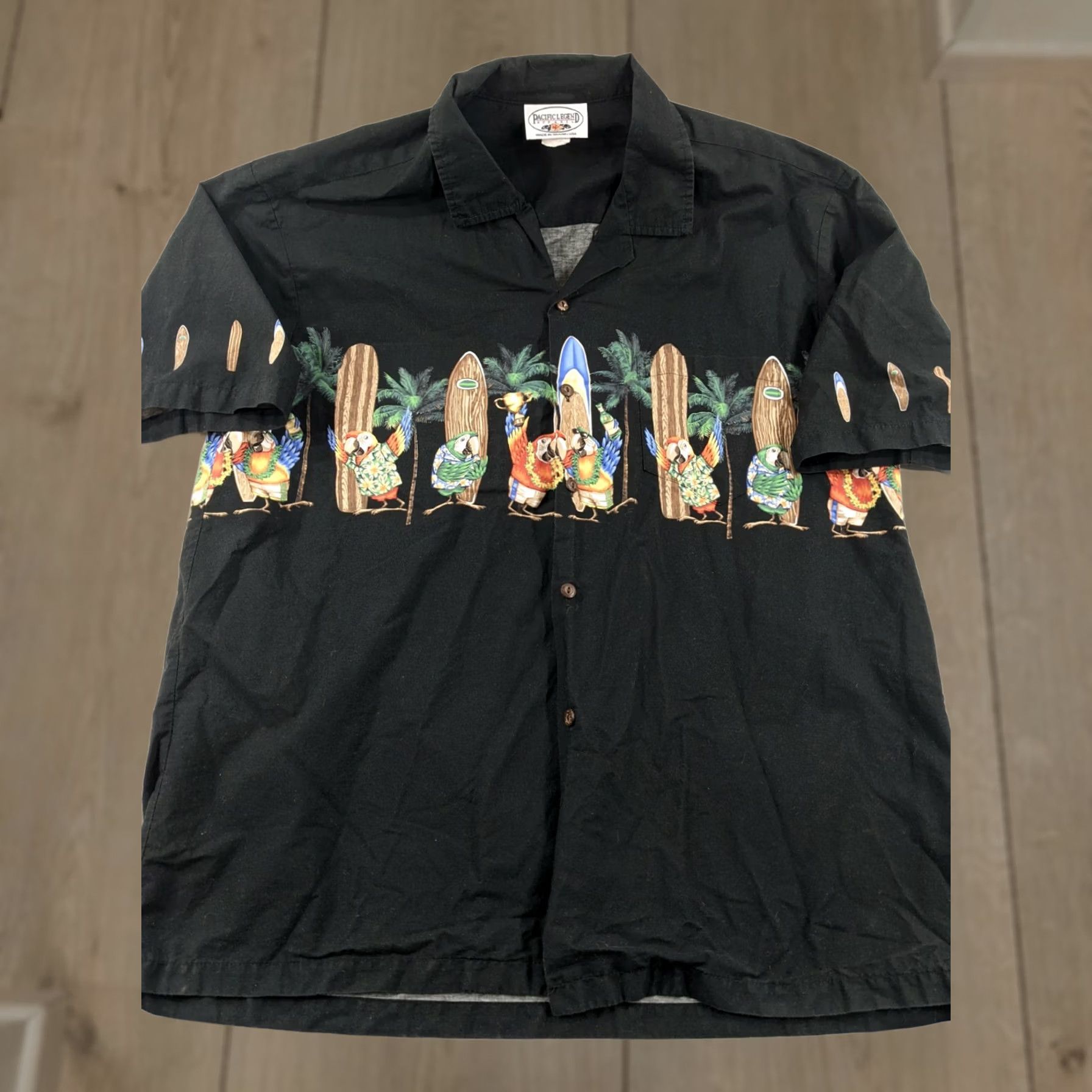 Vintage Pacific Legend Apparel Hawaiian Shirt XL Black Surfboard Parrots Excellent Shirt Mens Size US XL / EU 56 / 4 - 1 Thumbnail
