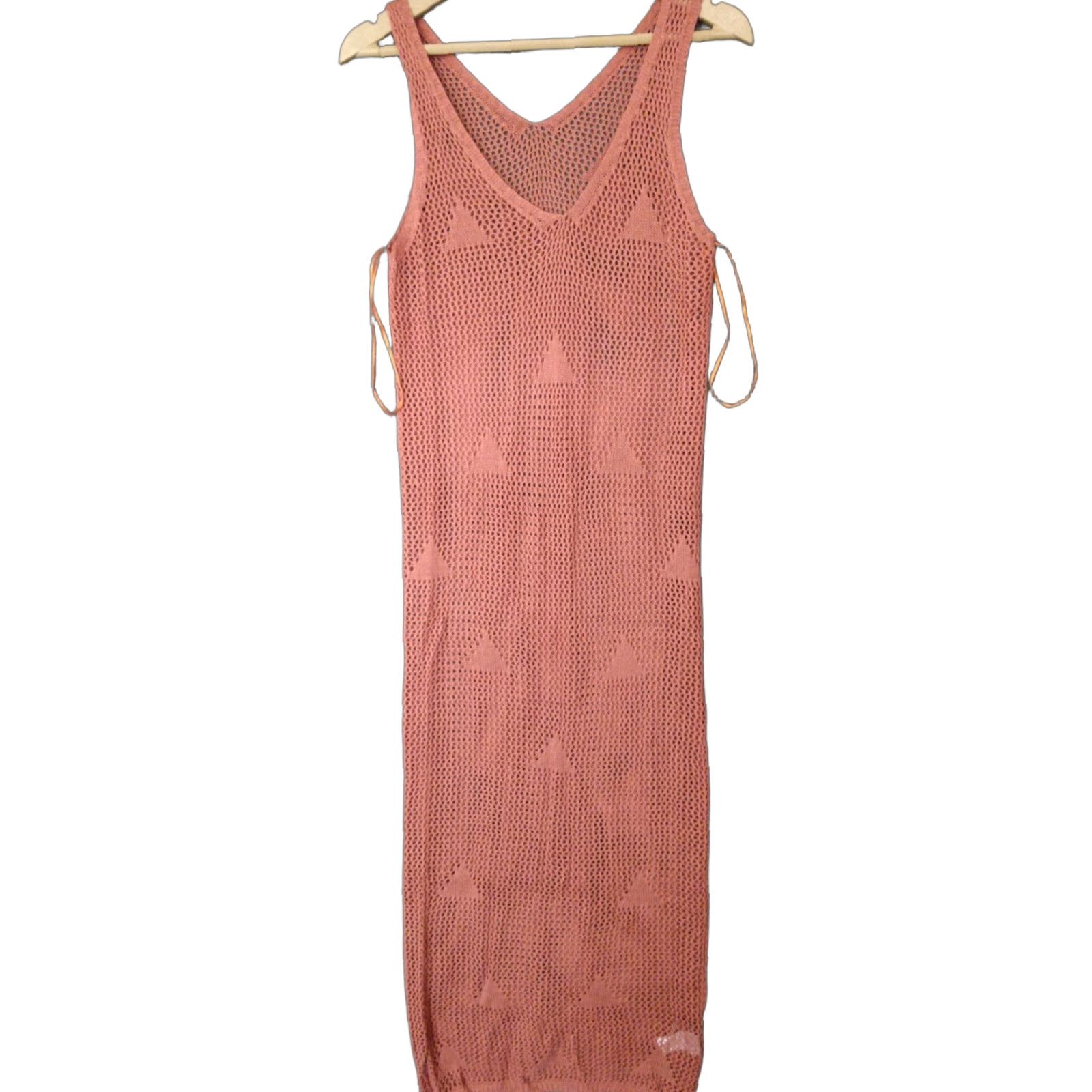 Vintage Codigo Crochet Long Knit Dress S Coral V-Neck Sleeveless Dress Women Lightweight Casual 90s Sexy Size S / US 4 / IT 40 - 1 Thumbnail