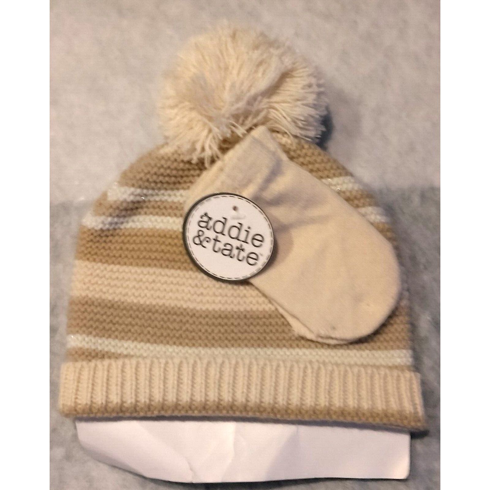 The Unbranded Brand Addie & Tate Newborn/Infant Hat Mitten Set Cream Tan Stripes Size ONE SIZE - 1 Thumbnail