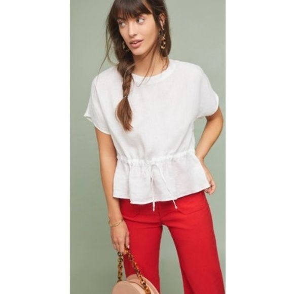 Anthropologie White Linen Drawstring Peplum Top Relaxed Summer Chic Blouse Size XS / US 0-2 / IT 36-38 - 2 Thumbnail