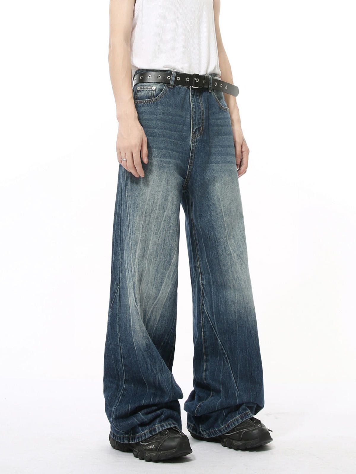 Vintage Whiskered Washed Wide Leg Jeans, Baggy Denim Pants Size US 30 / EU 46 - 5 Thumbnail