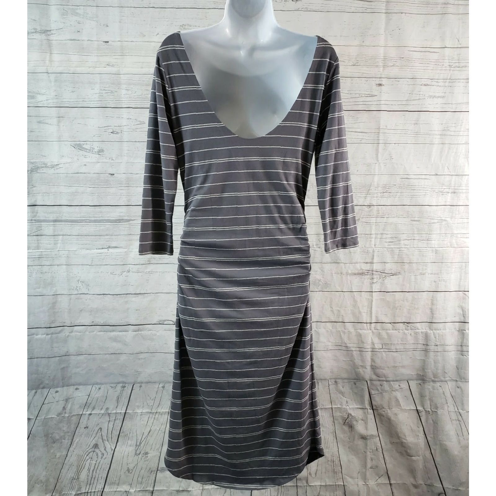 Athleta Athleta Striped Midi Dress Womens Small Gray 3/4 Sleeve Scoop Back Casual Cotton Blend Sheath Size S / US 4 / IT 40 - 3 Thumbnail
