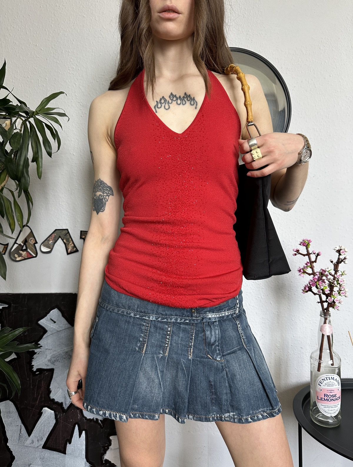 Vintage Halter Slim Beaded Sheath Sexy Red Crop Top y2k Size M / US 6-8 / IT 42-44 - 3 Thumbnail