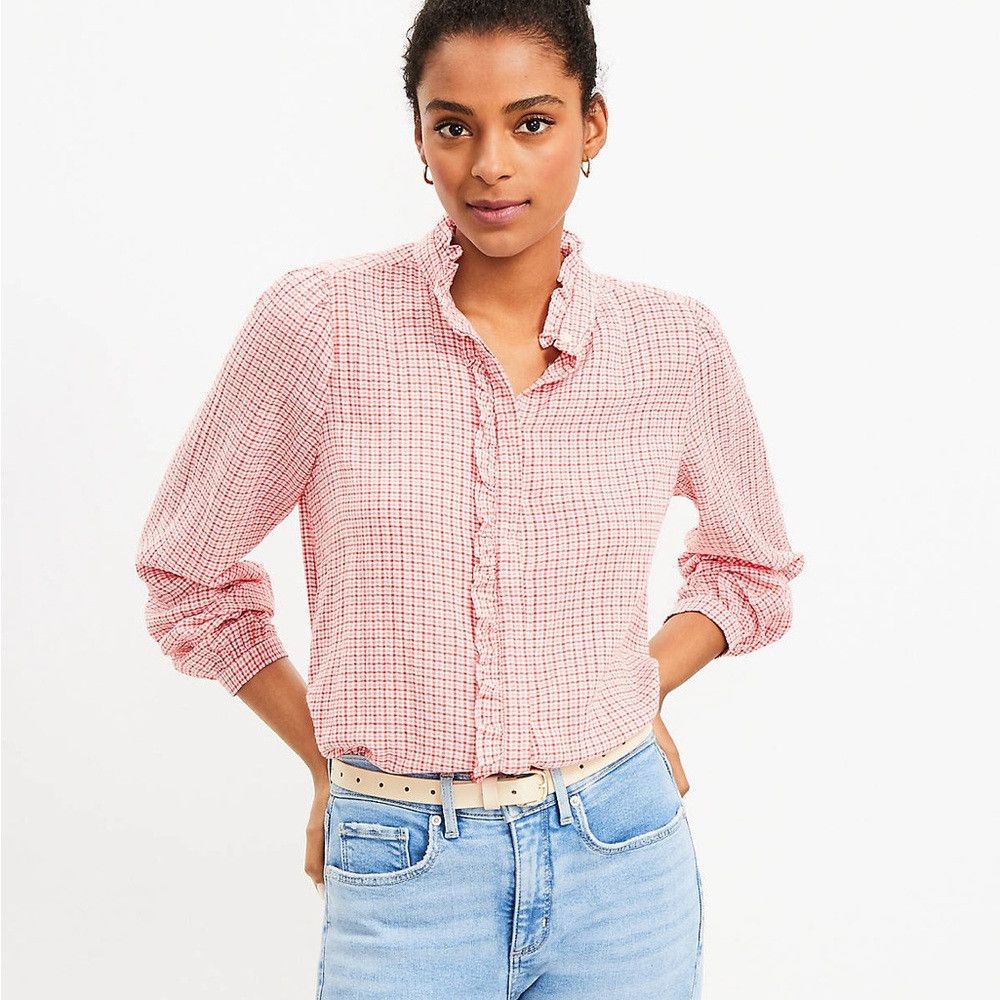 Loft Loft Petite Plaid Ruffle Shirt Red White Small Size S / US 4 / IT 40 - 1 Thumbnail