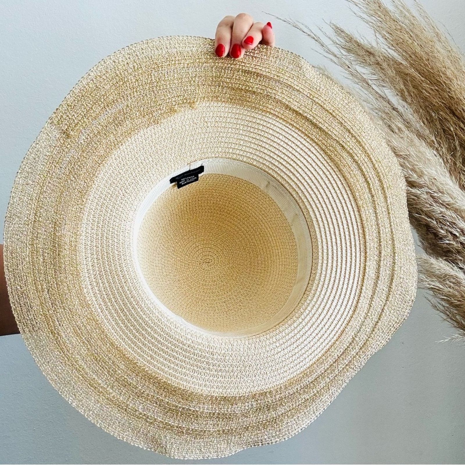 Vintage VINTAGE NORDSTROM Cream Tan Straw Brim Floppy Gold Sun Hat Size ONE SIZE - 6 Thumbnail