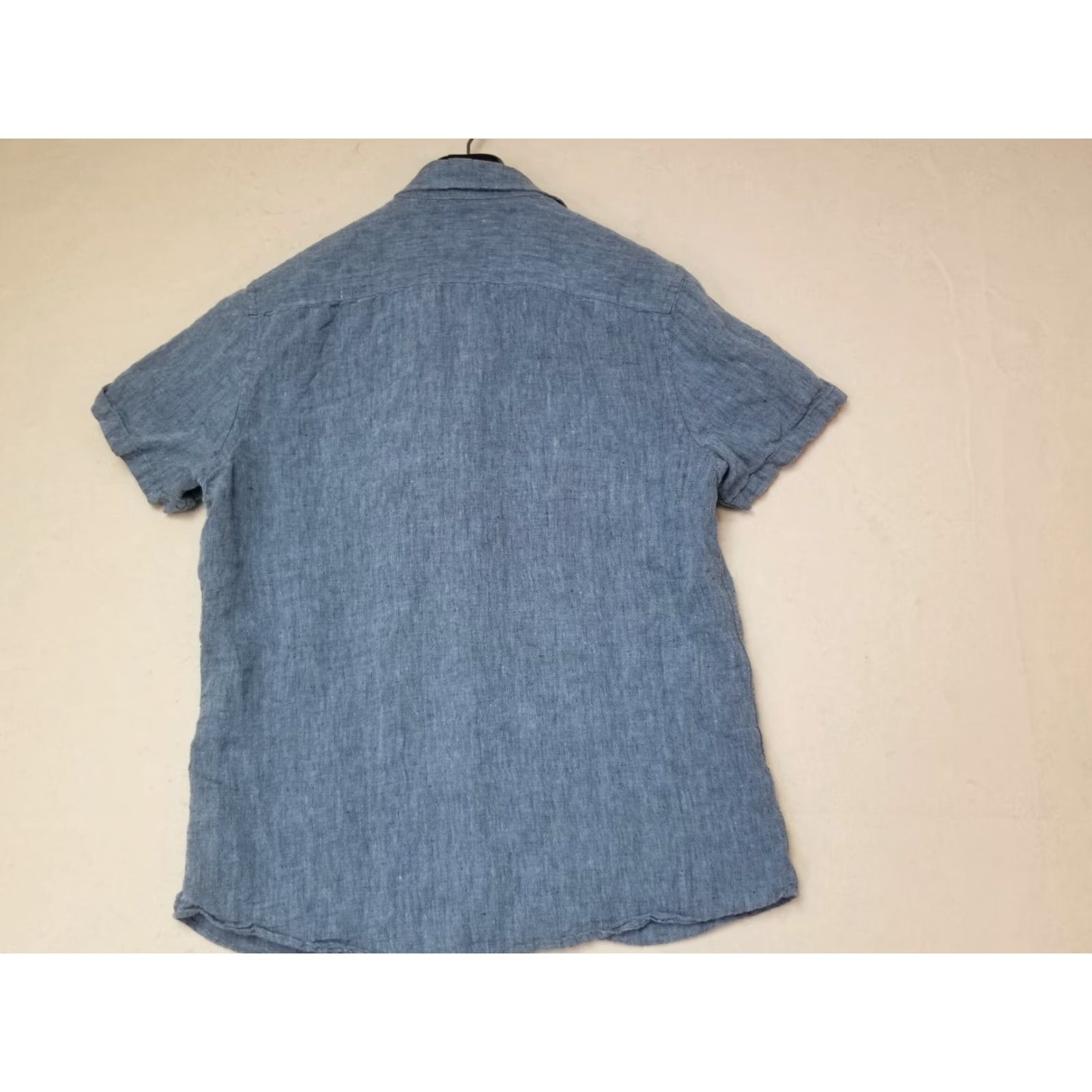 Vintage Calibrate Linen Short Sleeve Button-Up Shirt Blue L Mens Regular Size Large Button-Down Collar Chambray Solid 100% Linen Size US 33 - 2 Thumbnail