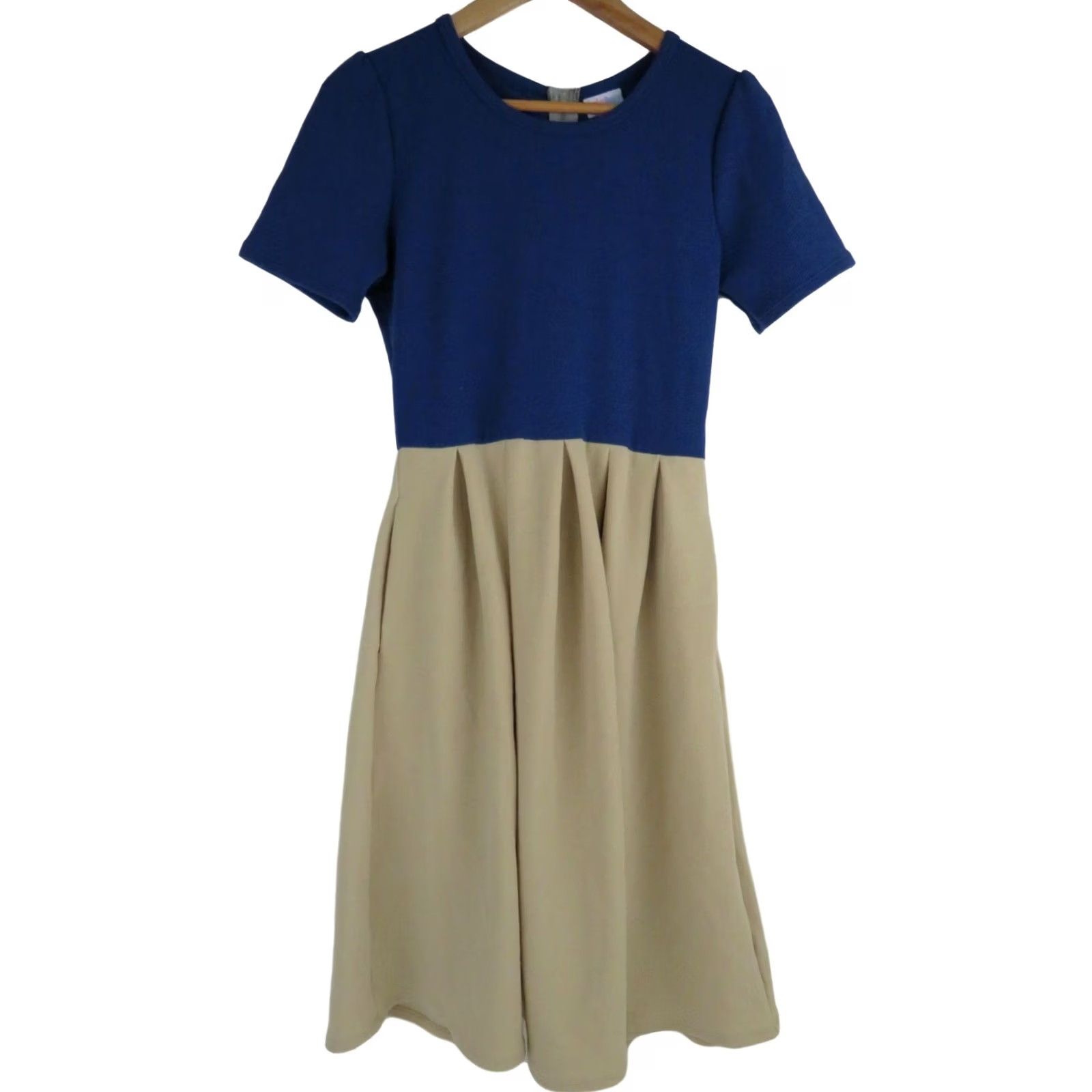 Vintage LuLaRoe Amelia Dress Small Solid Blue Fit & Flare Zip Back Pleated pockets Short Sleeves Knee Length A-Line Womens Size S / US 4 / IT 40 - 2 Thumbnail