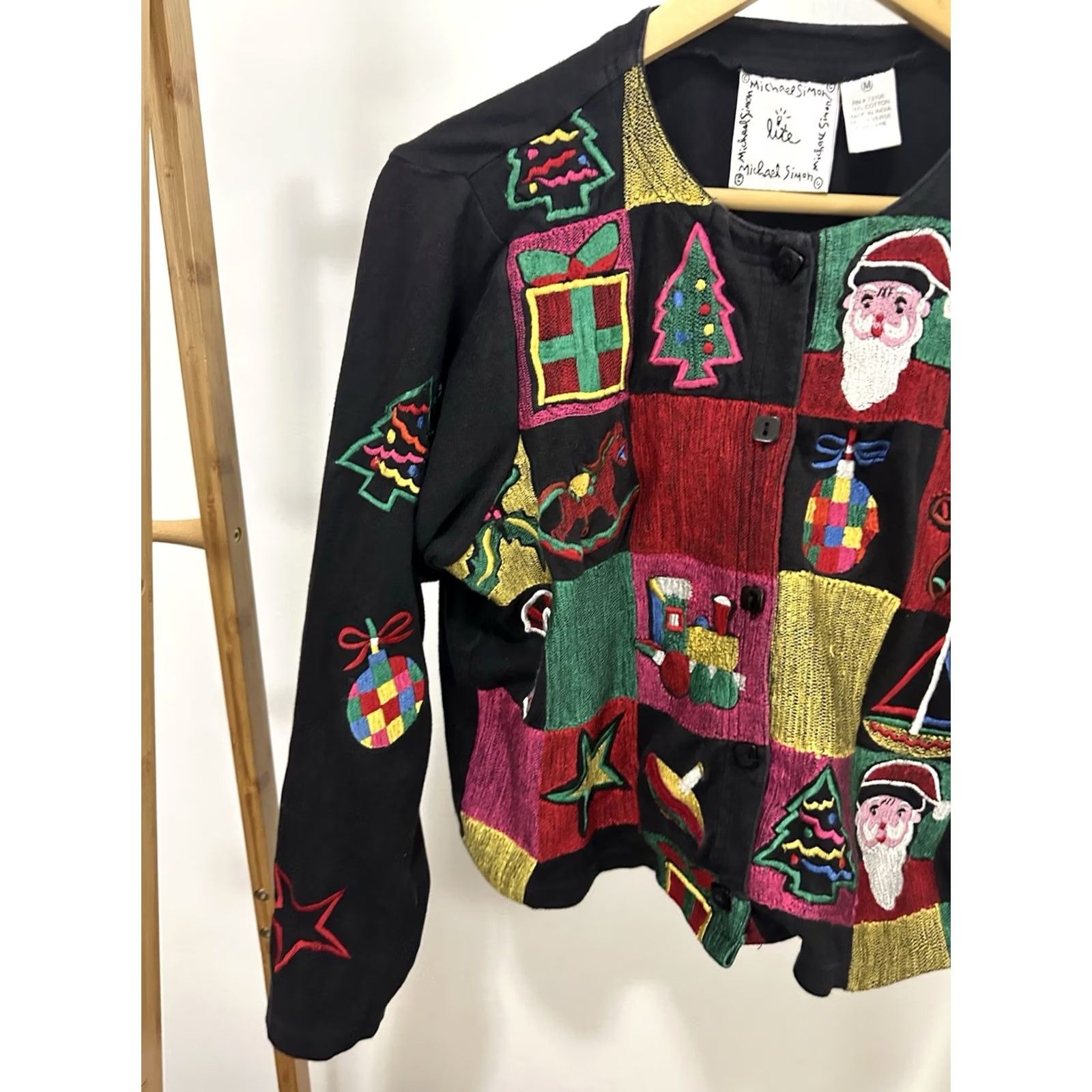 Simons VTG Michael Simon Lite Christmas Holiday Cardigan Sweater Woman M Black Santa Tree Cardigan Mens Womens Girls Boys Size M / US 6-8 / IT 42-44 - 6 Thumbnail