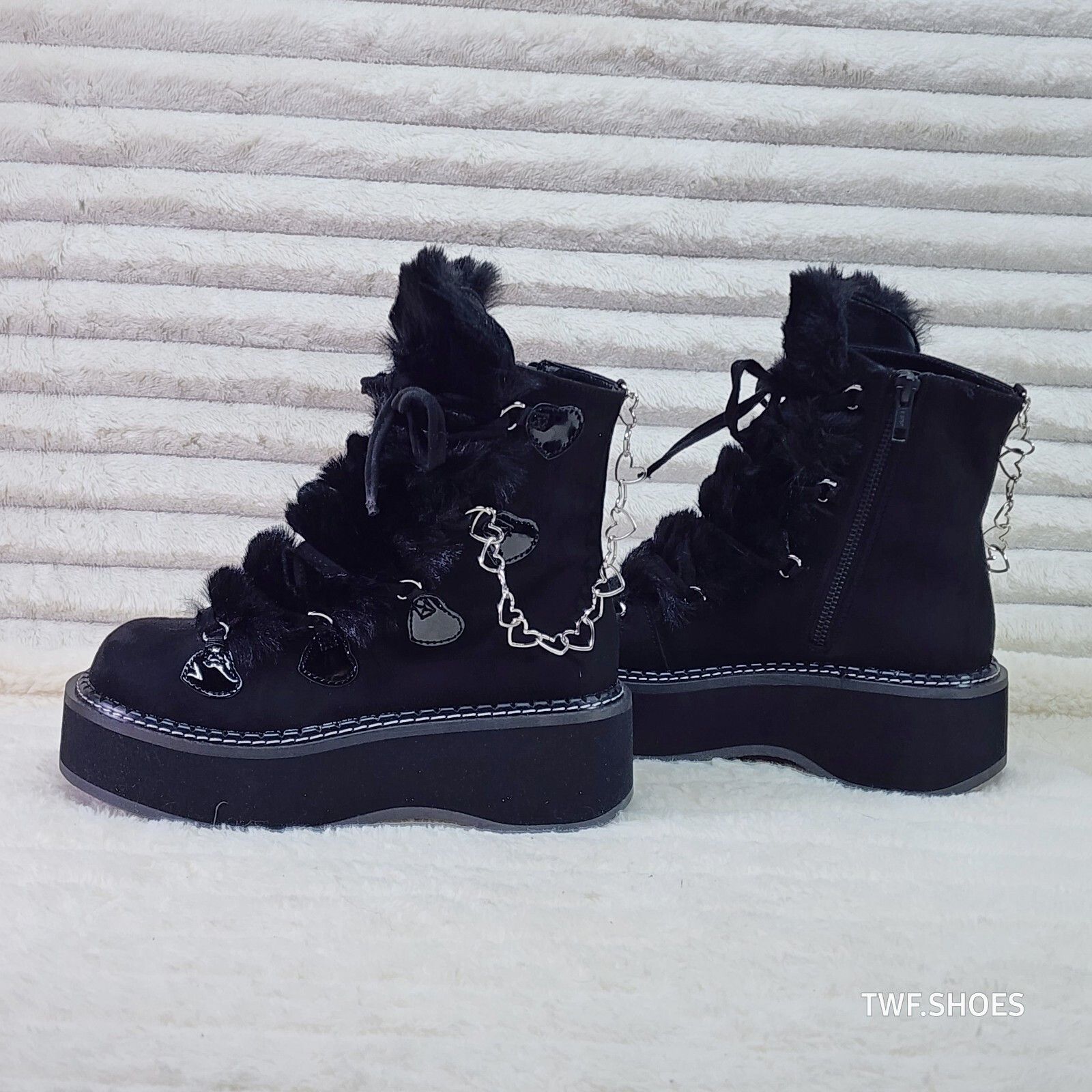 Other Emily Black Furry Heart Chain Goth 2" Platform Ankle Boots 5 Size US 11 / IT 41 - 1 Thumbnail