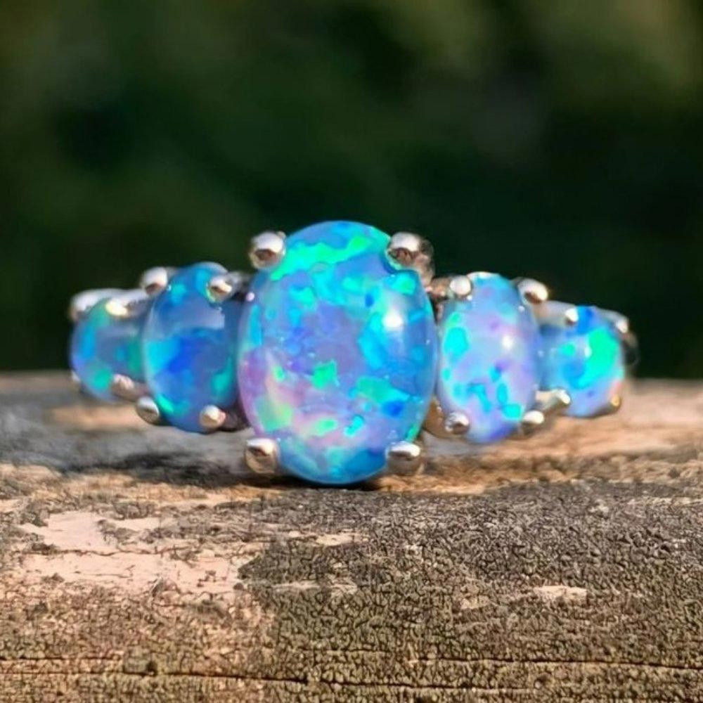 Designer 5 Blue Fire Opal Silver Cluster Multi-Stone Ring - Size 5 Size ONE SIZE - 1 Thumbnail