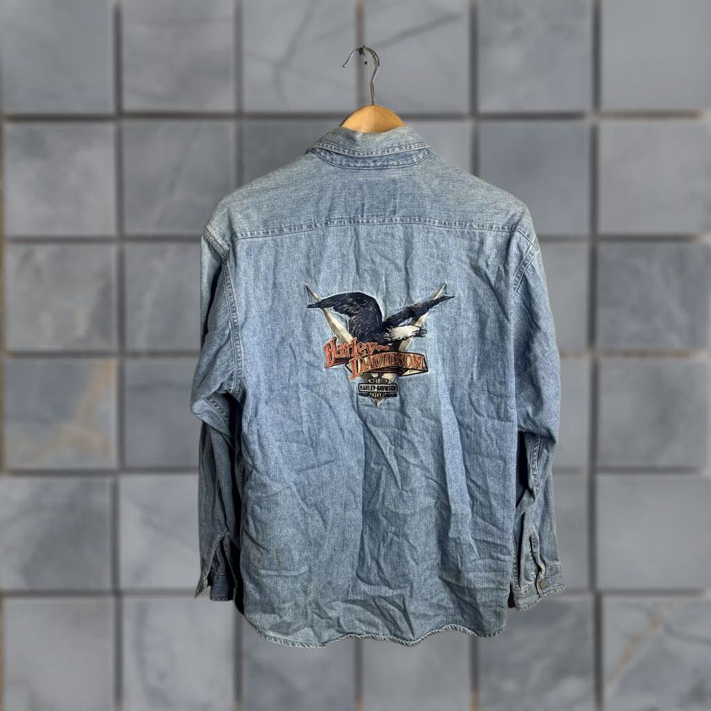 Harley Davidson VINTAGE Harley-Davidson Denim Shirt Mens S Blue Eagle Embroidered Biker Shirt Size US S / EU 44-46 / 1 - 1 Thumbnail
