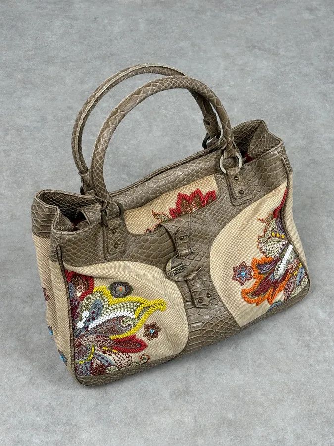 Just Cavalli Just Cavalli Beige Python Embroidered Beaded Tote Handbag Size ONE SIZE - 1 Thumbnail