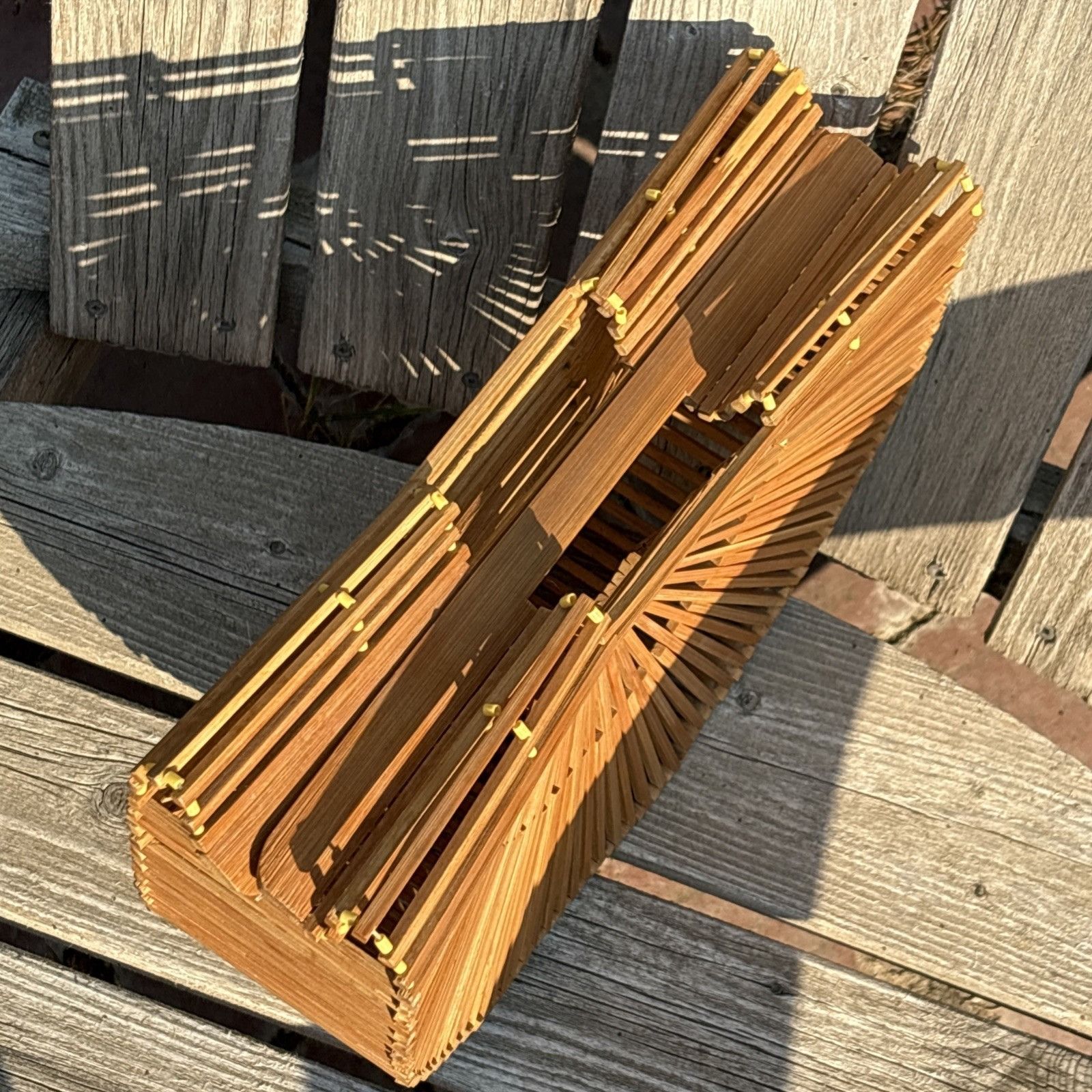 Handmade Bamboo Wood Basket Purse Tiki Hand Bag Half Moon Vtg 80s Nat Size ONE SIZE - 4 Thumbnail