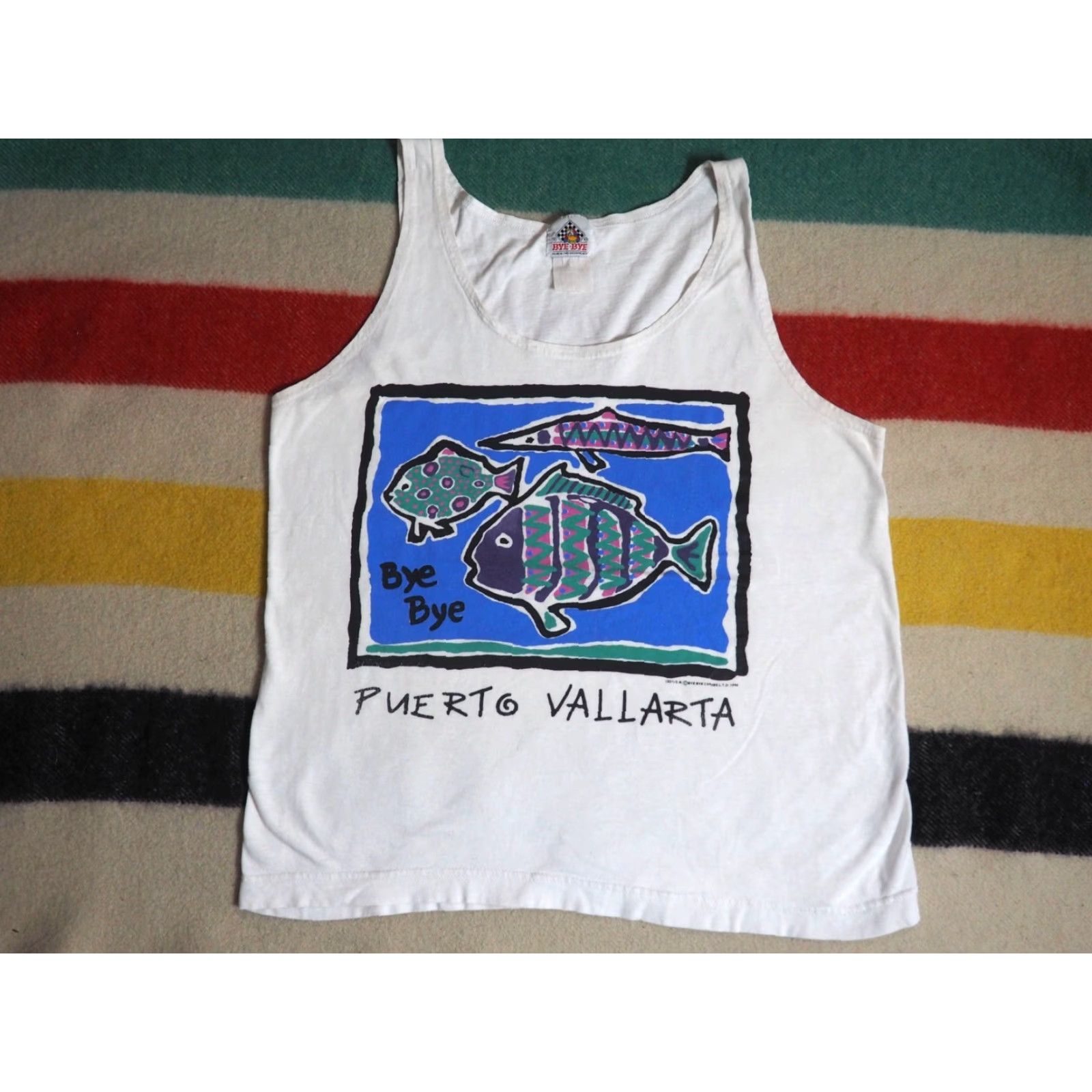 Vintage VINTAGE 90s Bye Bye Puerto Vallarta Mexico Fish Graphic Print White Tank Top T-Shirt L Mens Size US L / EU 52-54 / 3 - 2 Thumbnail