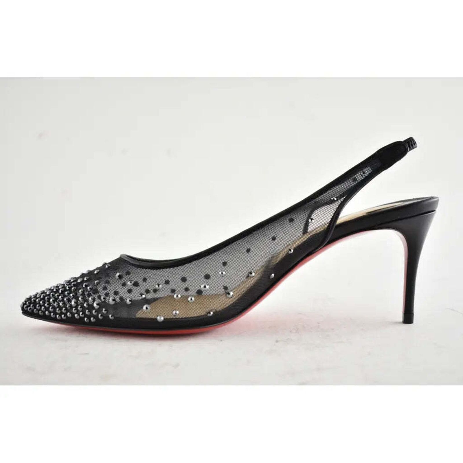 Christian Louboutin Follies Strass Sling 70 Black Leather Mesh Heel Pump 38 Size US 12 / IT 42 - 9 Thumbnail