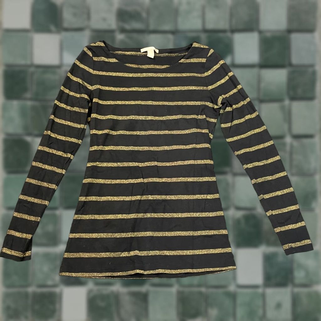 Banana Republic Banana Republic Blouse Top Womens Small S Long Sleeve Black Gold Stripes Cotton Size S / US 4 / IT 40 - 1 Thumbnail