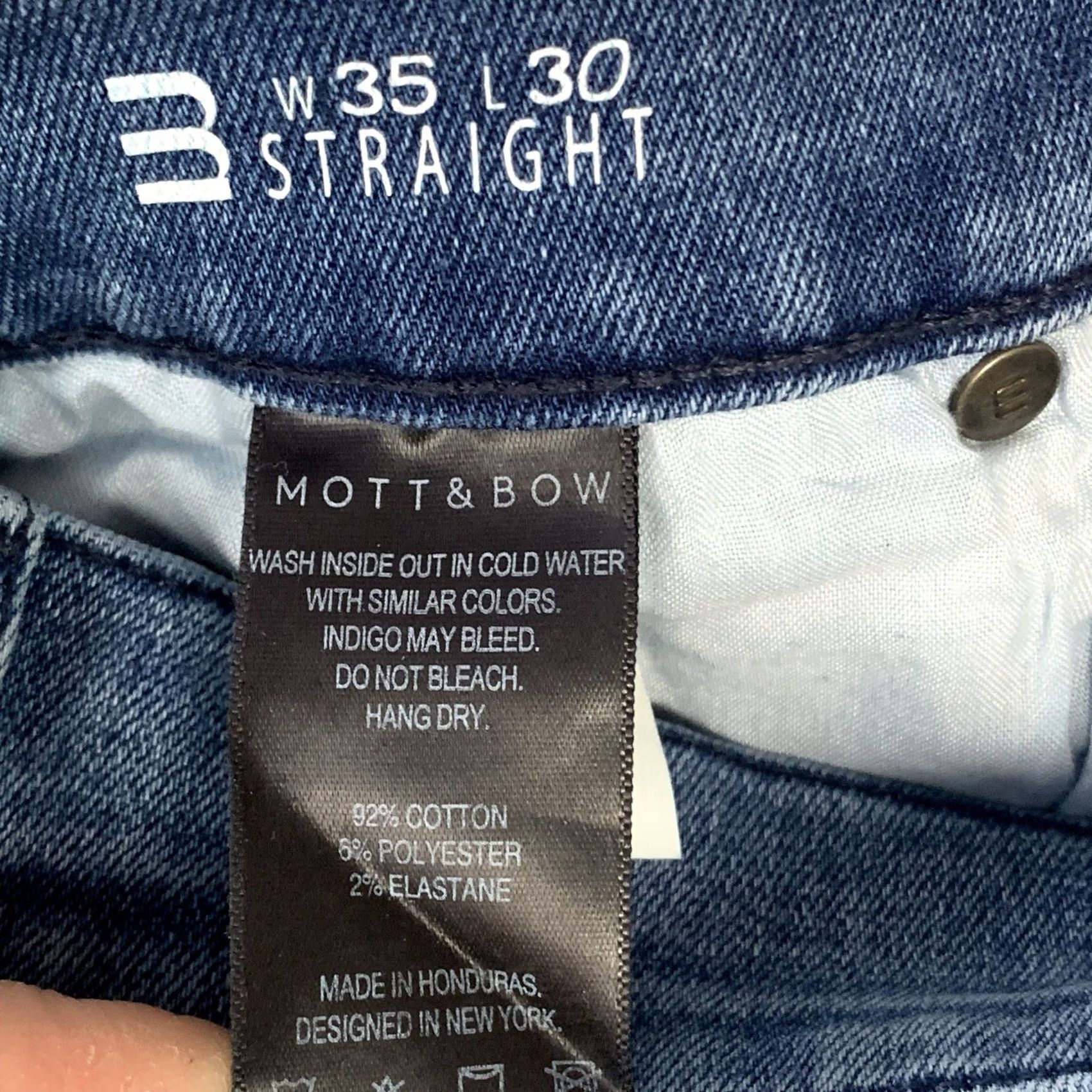 Mott & Bow Mott & Bow Jeans Mens 35x30 Blue Straight Stretch Denim Preppy Casual Regular Rise 5-Pocket Logo Button Zipper Size US 35 - 4 Thumbnail