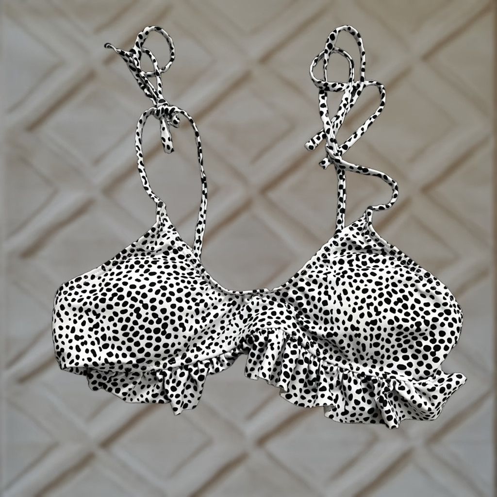 Shein SheIn Swimwear Bikini Top Womens S White Dalmatian Ruffles Self Tie Beach Animal Print Short Sleeve? Size S / US 4 / IT 40 - 1 Thumbnail