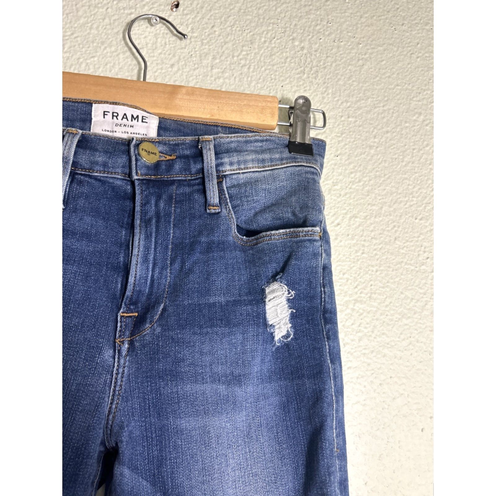 Frame FRAME Le High Skinny Triangle Raw Hem Seabright Dark Wash Jeans 26 Distressed Women Skinny Denim" Size ONE SIZE - 5 Thumbnail