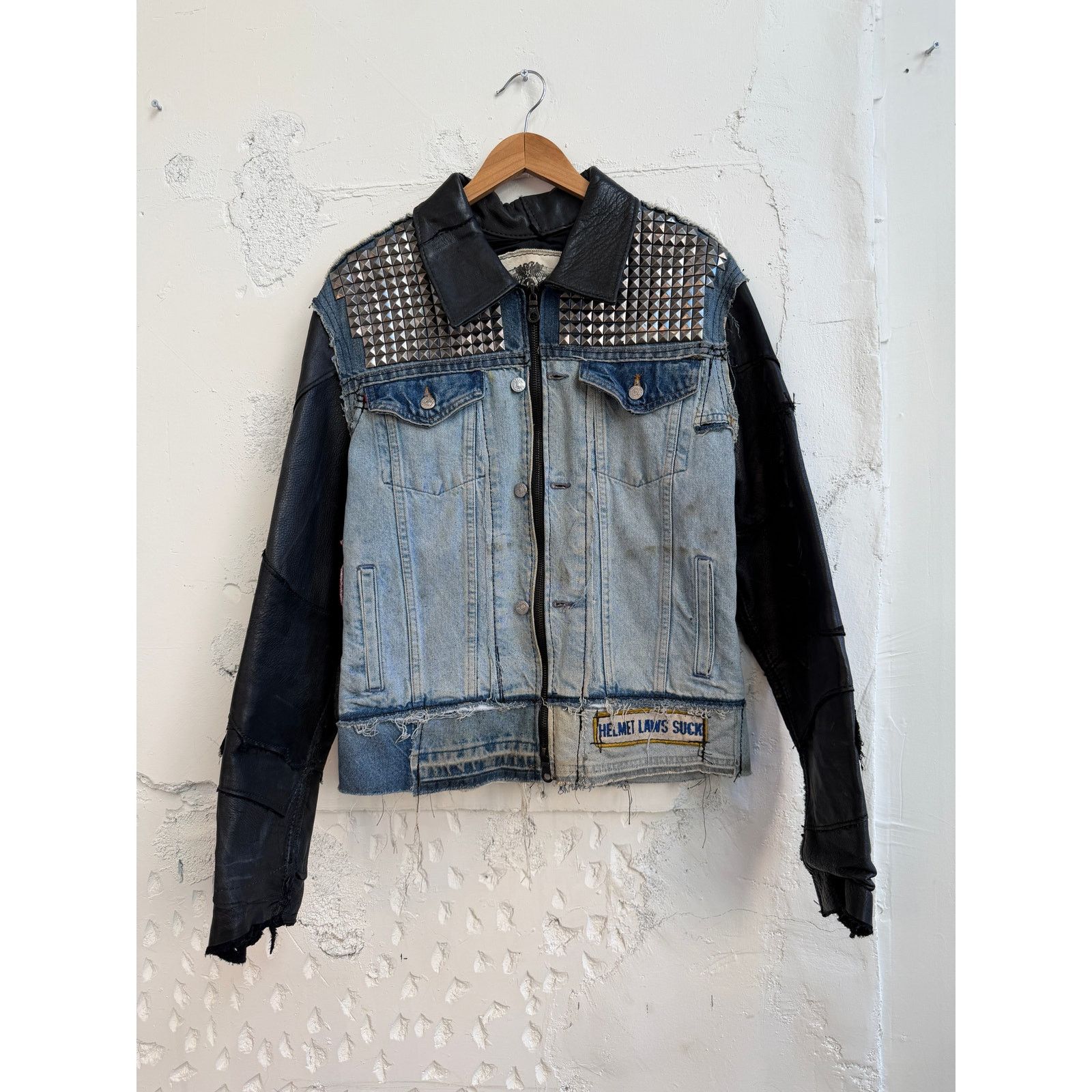 Other Junker Designs Upcycled Leather/Denim Studded Jacket Size US XL / EU 56 / 4 - 1 Thumbnail